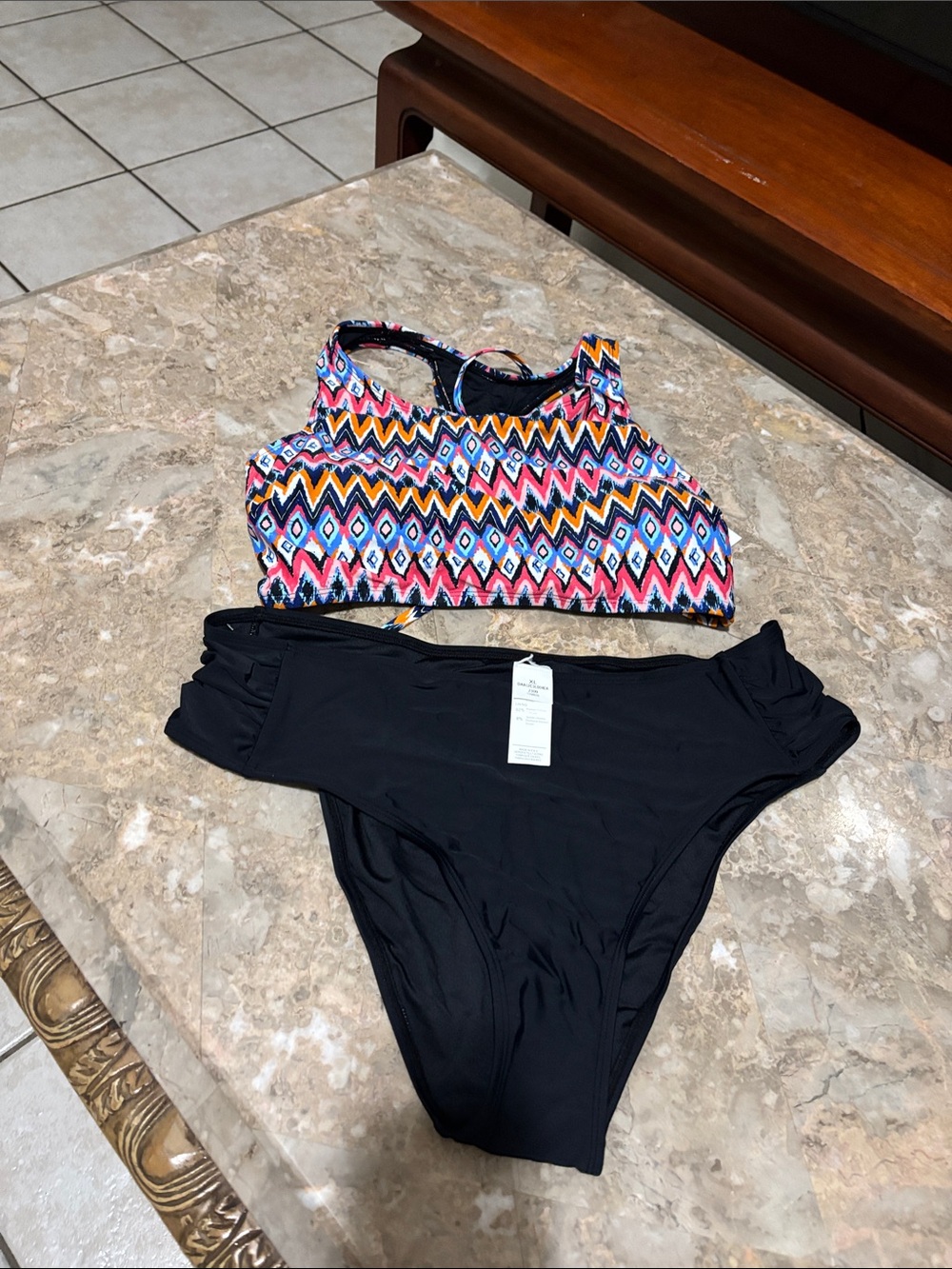 Cupshe Multicolor Geo Print High Neck Bikini Top with Black Bottoms